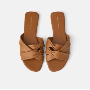 Zara! Flat Leather Sandals, CrissCross Bow Detail!